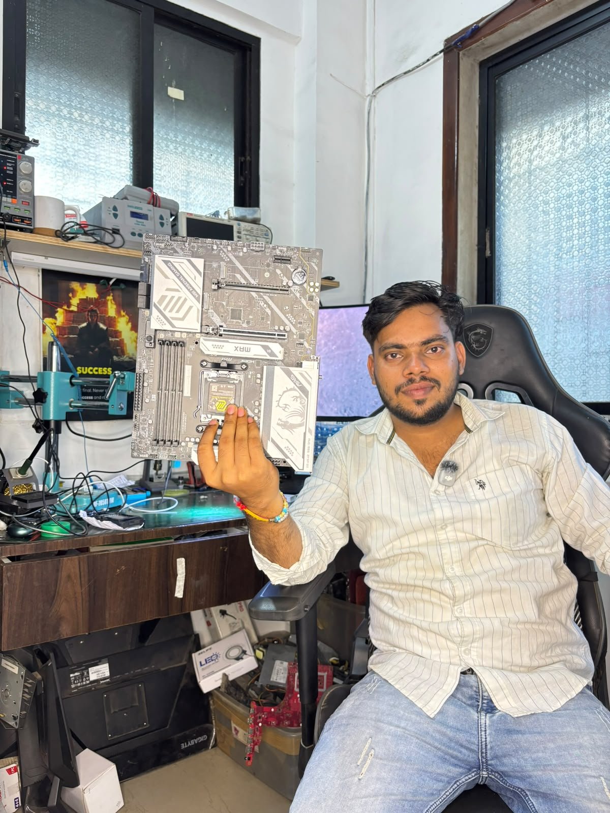 Instructor holding motherboard